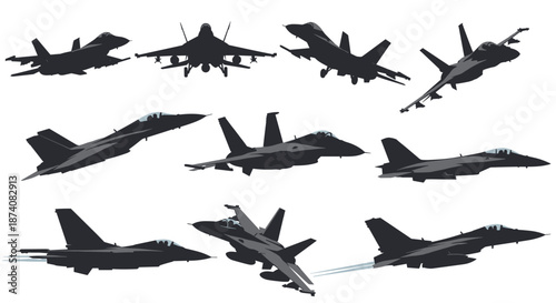 Extensive collection of military fighter jet silhouettes in various flight angles isolated on a clean white background.