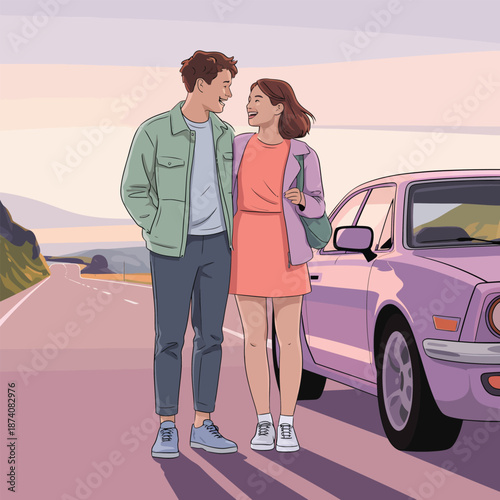 An affectionate couple shares a joyful moment on a scenic road trip with their car