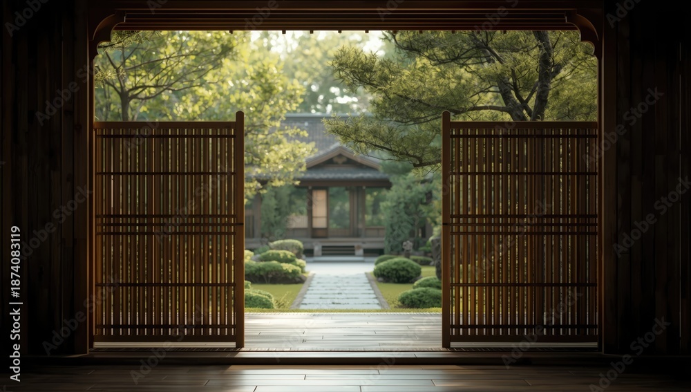 Obraz premium Bamboo fence blocking access to a tranquil Zen garden, highlighting landscape preservation and privacy