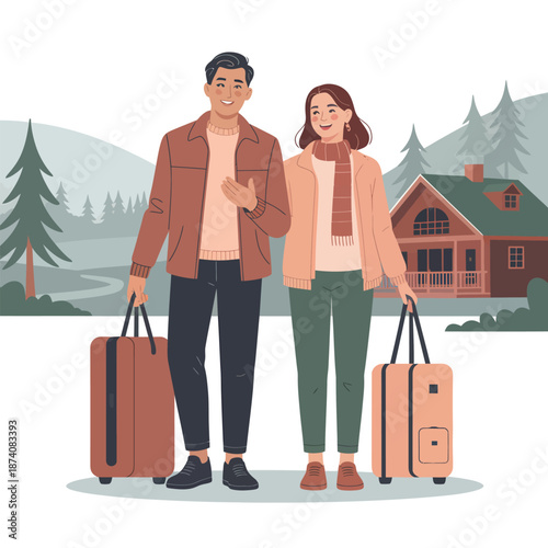 Smiling couple with luggage prepared for an enjoyable trip to a scenic countryside lodge.