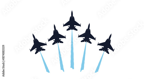 Five military fighter jets performing an aerobatic display with smoke trails in a symmetrical V-formation illustration.