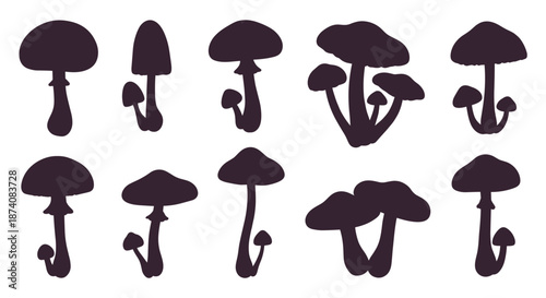 Collection of various black mushroom silhouettes in different shapes and sizes isolated on a clean white background for design.
