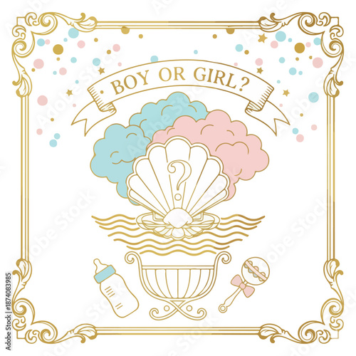 Baby gender reveal party invitation with seashell and clouds