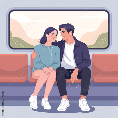A romantic couple sharing music and a moment together on a train journey