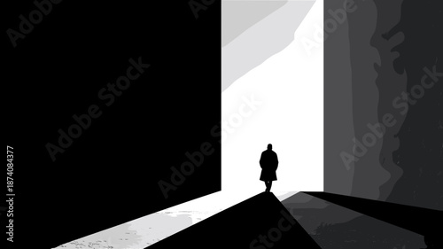 抽象的な図形と背景の探求を表現したモノクロームのデジタルアート