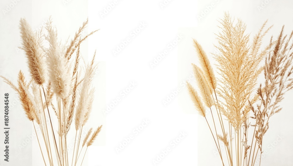 Fototapeta premium Multiple types of grass arranged on a white backdrop, suitable for landscaping or agricultural planning