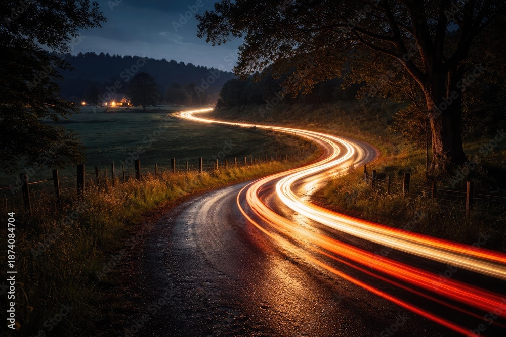 Obraz premium Twisting country road illuminated by moving vehicle light trails in rural setting