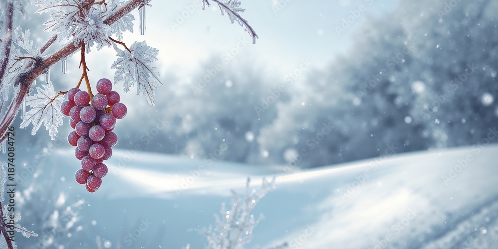 Fototapeta premium Frozen grape bunches on a vine after an early frost, seasonal change