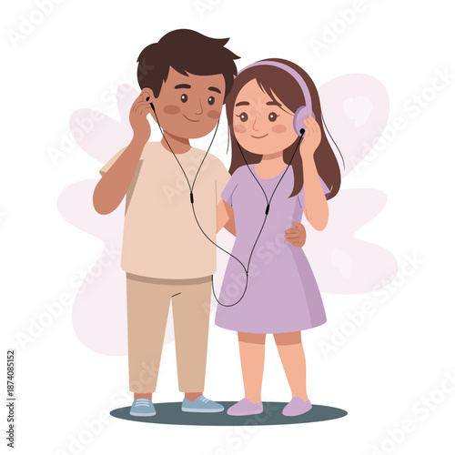 Young couple or close friends sharing a musical moment with wired earphones