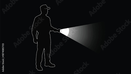 Stylized outline silhouette of a man wearing a cap holding a powerful flashlight illuminating darkness in a dramatic high contrast visual representation