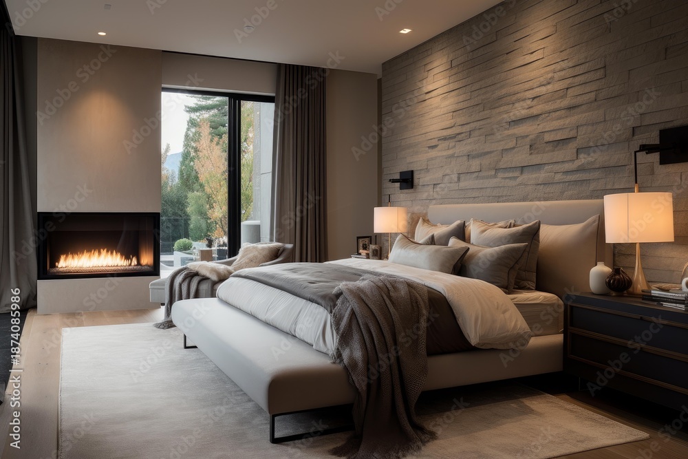 Fototapeta premium Cozy, minimalist bedroom featuring a gas fireplace, large window, and textured stone wall