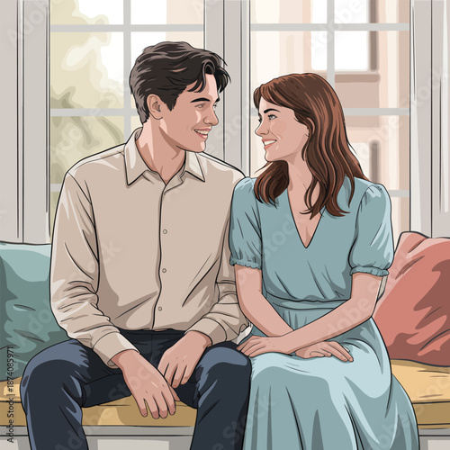 A happy couple smiling and sharing an affectionate moment together indoors