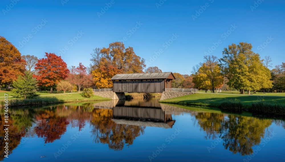Fototapeta premium Brownsville Covered Bridge, originally from Union County, now part of Mill Race Park's landscape as a preserved historic crossing