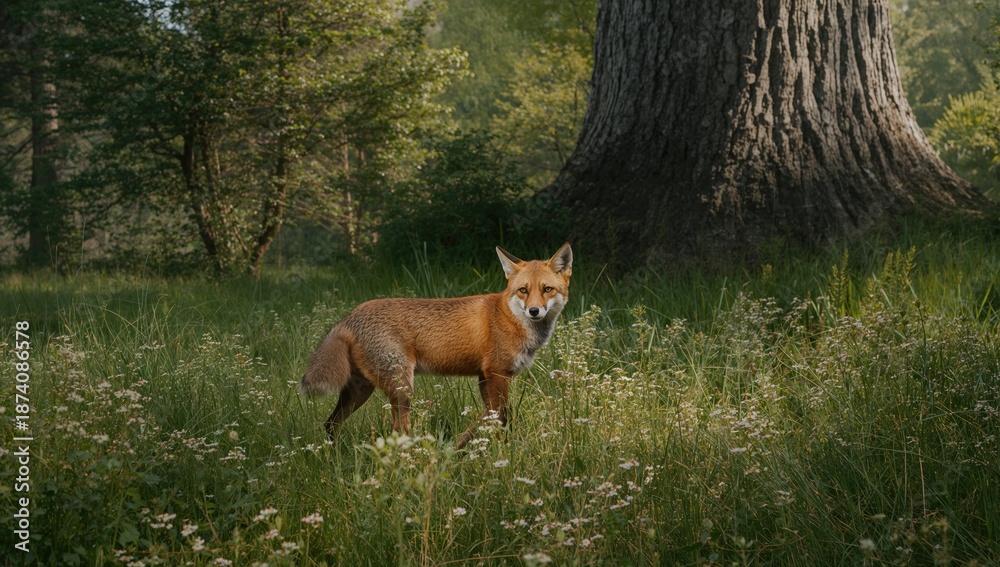 Fototapeta premium Red fox in natural habitat, highlighting urban ecology for Earth Day