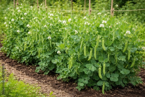 Full view of green pea plants growing healthily in garden environment