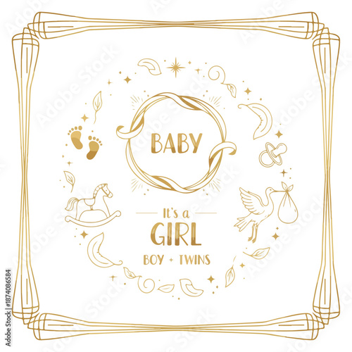 Beautiful gold baby announcement card for twins boy and girl