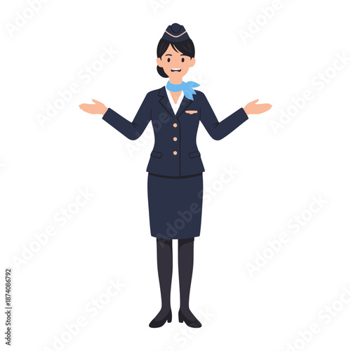 A smiling female flight attendant in uniform gesturing with open hands and palms facing upwards