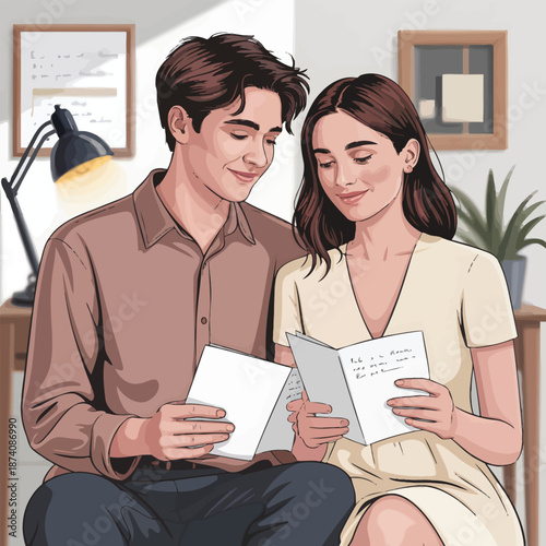 A loving couple shares a happy moment reading heartfelt messages together in a cozy setting