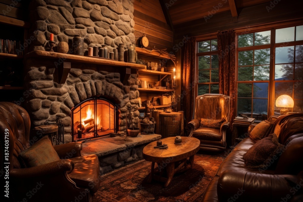 Fototapeta premium Cozy living room interior providing warmth and comfort with a stone fireplace at night