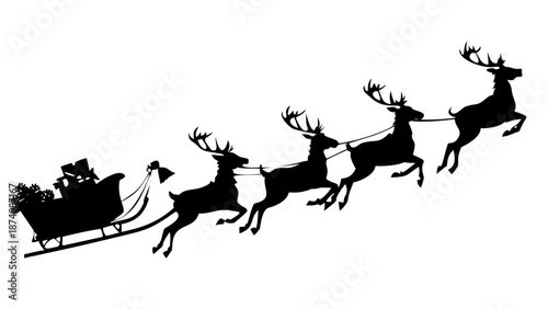 Santa Claus Sleigh and Reindeer Silhouette Vector - Christmas Holiday Gift Delivery Icon