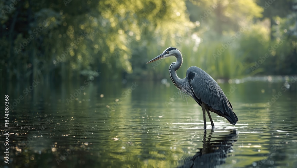 Naklejka premium Grey heron wading in water, illustrating bird behavior and aquatic environment focus