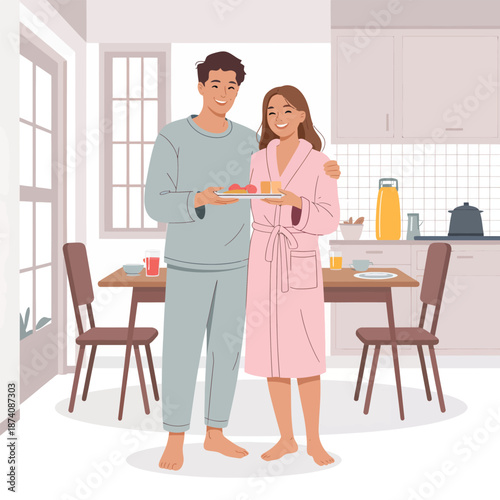 A happy couple preparing a delightful breakfast together in their bright and modern kitchen