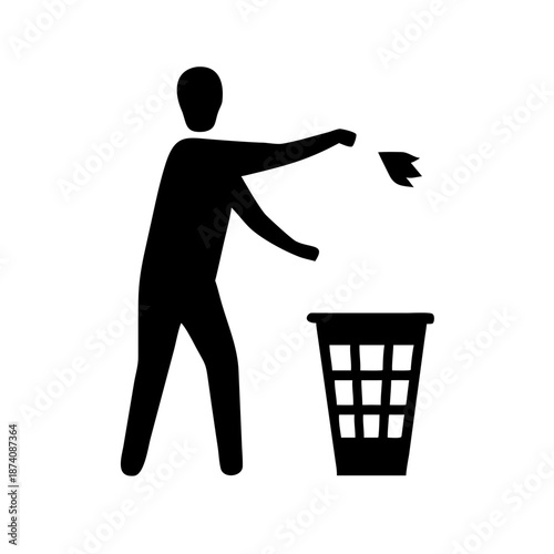 Keep City Clean Person Throwing Trash in Bin Silhouette Vector Icon