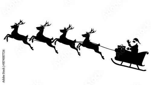 Santa Claus Sleigh and Reindeer Silhouette Vector - Christmas Holiday Gift Delivery Icon