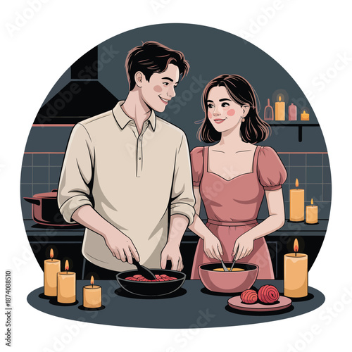 A loving couple shares a romantic evening preparing a delicious meal together in their cozy kitchen