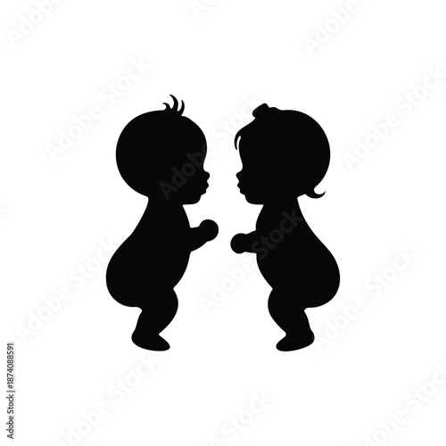 Twins baby boy girl silhouette icon vector flat design.