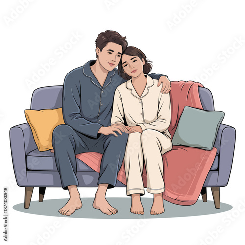 A loving couple enjoying a cozy moment together, relaxing on the sofa in their pajamas