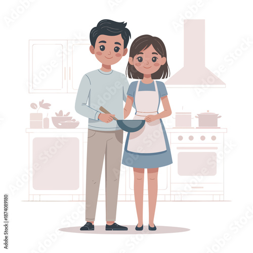 A happy couple cooking together in a modern kitchen with a mixing bowl
