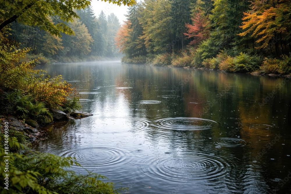 Obraz premium Soft raindrops initiating graceful ripples on a still lake bordered by vibrant forest trees
