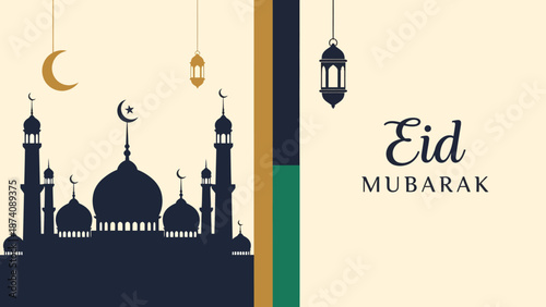 Eid Mubarak Vector Illustration with Mosque Silhouette and Crescent Moon, Elegant Minimal Islamic Design