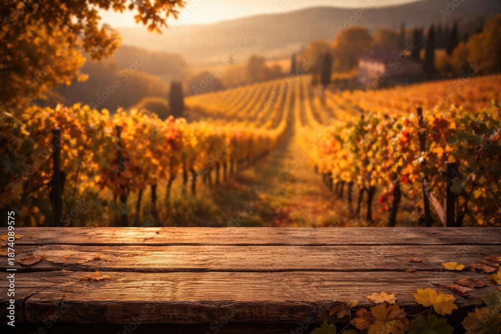 Fototapeta premium Wooden surface presenting tranquil out of focus vineyard landscape with natural autumn colors
