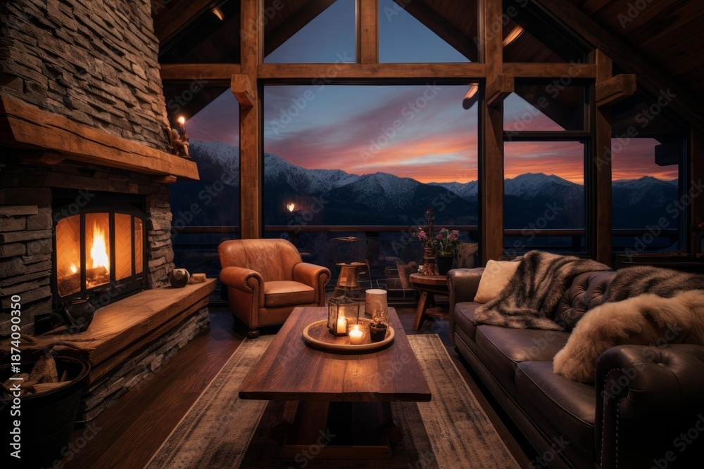 Naklejka premium Cozy living room with a lit fireplace and large windows viewing a mountain sunset