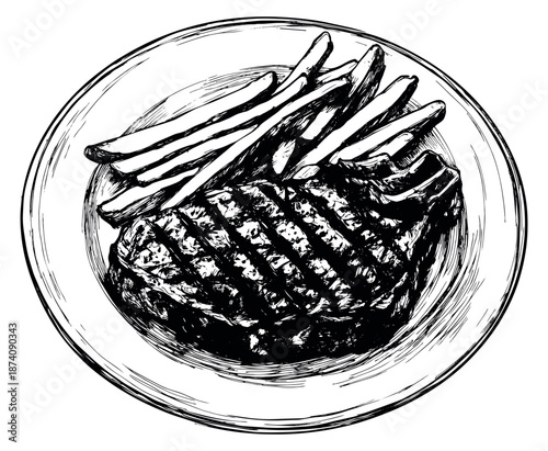Hand drawn line art illustration of a steak and french fries on a plate depicting a cooked meal for food service design