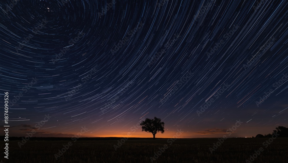 Naklejka premium Star Trails in Dillon background, abstract night sky with trees and landscape, highlighting summer outdoor activities, World Night Sky Day