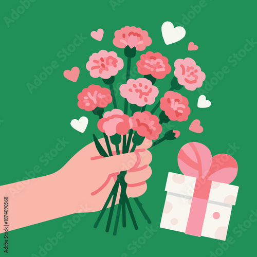 A bouquet of pink carnations perfect for Mother's Day. Illustrated with a gentle touch. Soft. Gratitude. Surprise. Gift. Present.