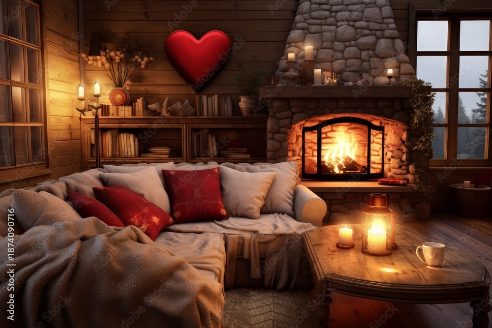 Obraz premium Warm and inviting cabin interior featuring a fireplace, sofa, and glowing heart symbol, creating a romantic atmosphere