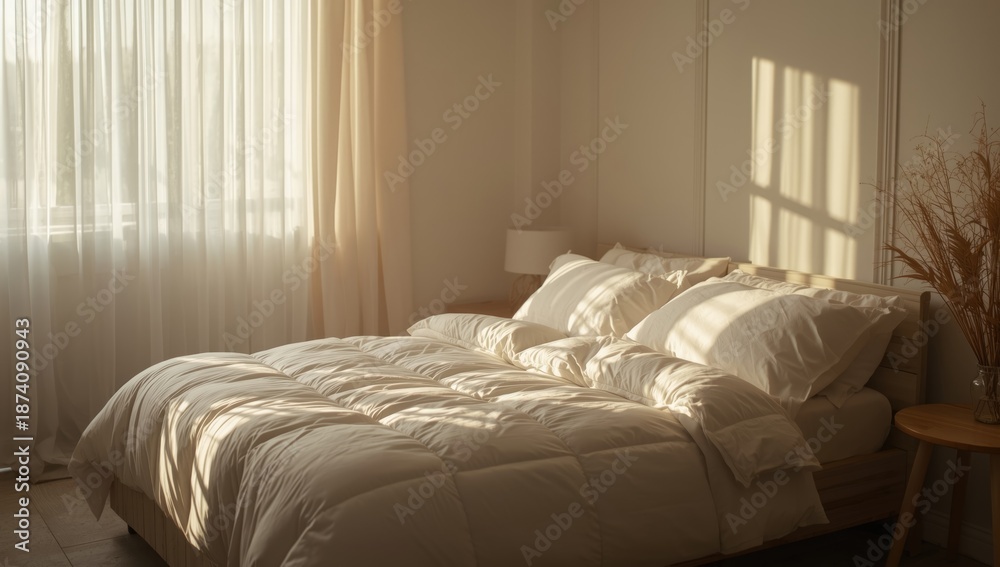 Fototapeta premium Unoccupied bed at dawn following waking, sleep environment and morning routine, World Sleep Day