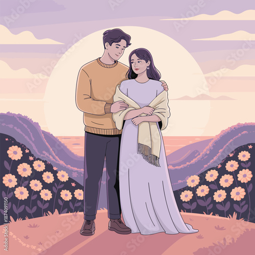 A loving couple shares a tender embrace during a serene sunset in a beautiful flowery landscape
