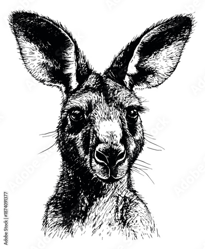 Hand drawn line art illustration of a kangaroo depicting an animal portrait for wildlife and nature themes