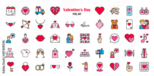 Valentine's Day pixel art icon set. 45 colorful 8-bit romantic love symbols: hearts, gifts, flowers, and sweets. Retro game style vector illustration collection isolated on white background.