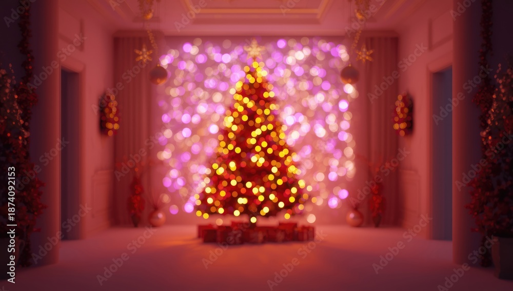 Fototapeta premium Colorful holiday lights hanging in a display, providing a bright backdrop for decorative layouts, holiday and cultural observance