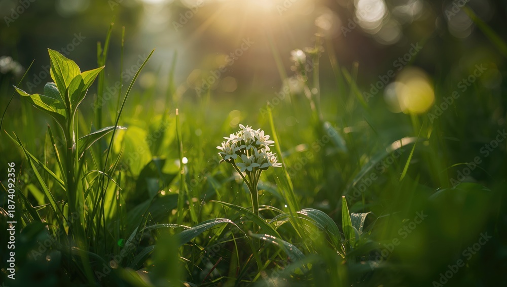 Fototapeta premium Sunlit chickweed flowers in full bloom, highlighting plant development and seasonal change