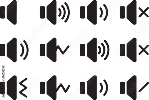 Speaker volume icon pair in outline and solid style with sound waves, audio loudspeaker symbol for media player controls, mobile app buttons, UI UX web design, vector illustration
