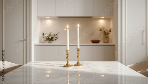 Set of two ornate gold candlesticks on a marble surface in a kitchen setting, ideal for decorative lighting or home decor