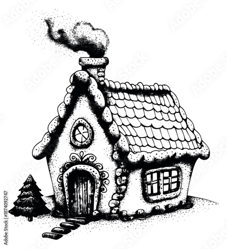 Hand drawn line art illustration of a gingerbread house depicting smoke rising from its chimney for winter holidays