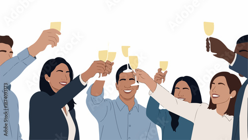 Diverse group celebration with people raising champagne glasses in a joyful toast. Happy business colleagues enjoy group celebration, smiling and sharing moments of success.